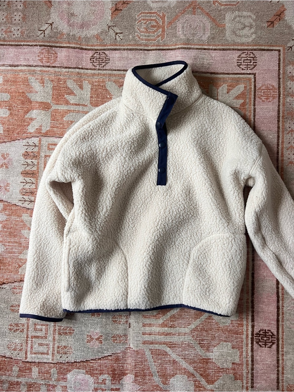 J. Crew Cream Sherpa Turtleneck Pullover with Navy Trim